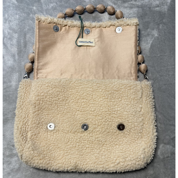 Samantha Pleet Sherpa Fleece Beaded Handle Shoulder Bag Cream Cozy Winter Clutch - Picture 3 of 10